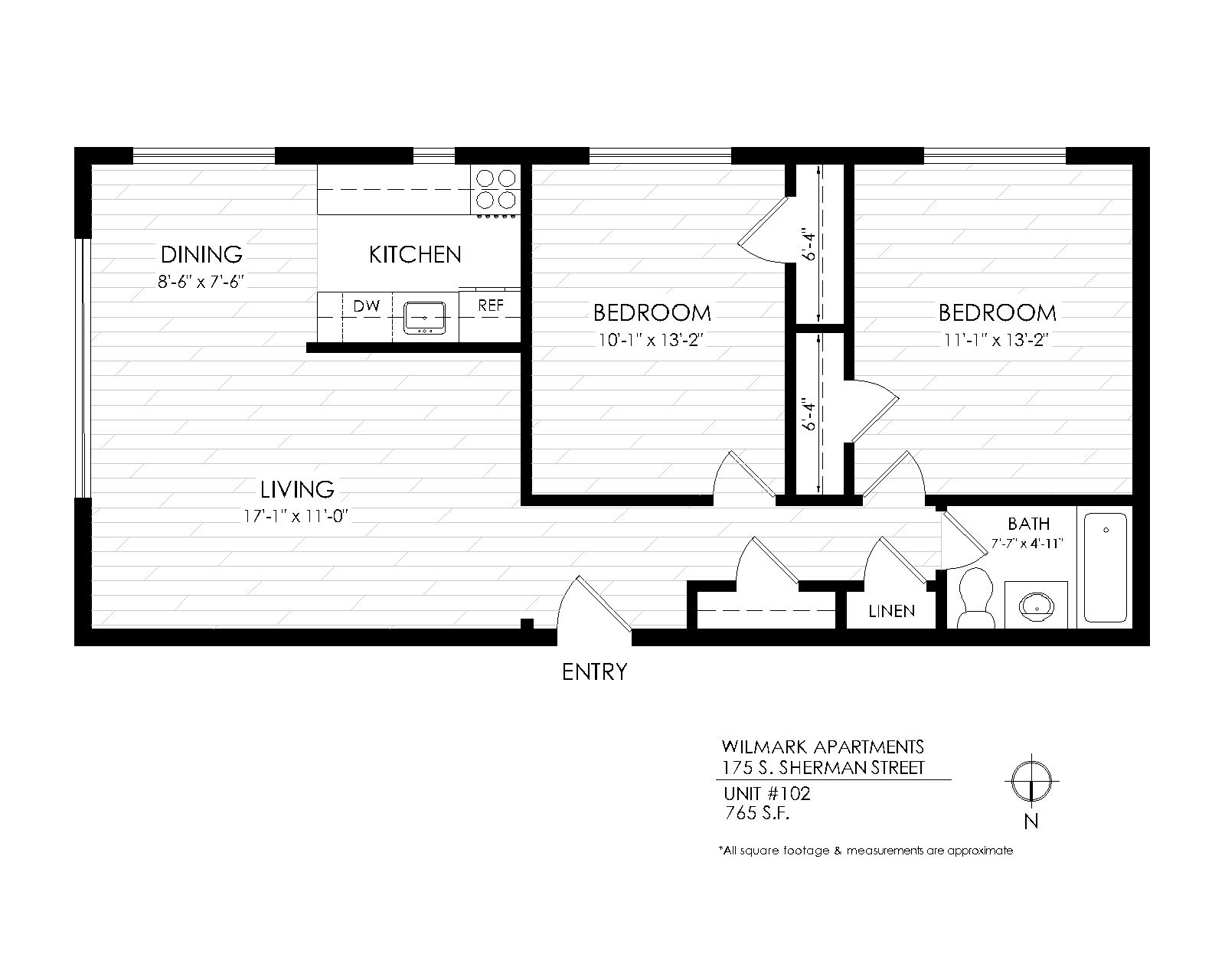 Floor plan for 2 beds, 1 bath, 765 sqft